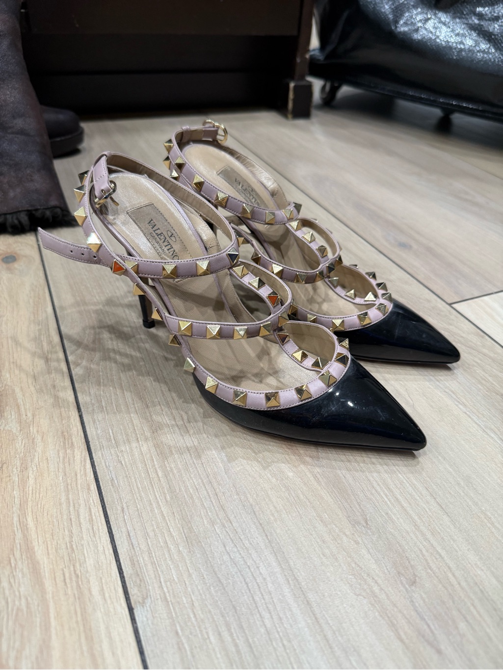 Valentino Garavani Black Patent Pointed Toe Heels With Pink Studded Straps